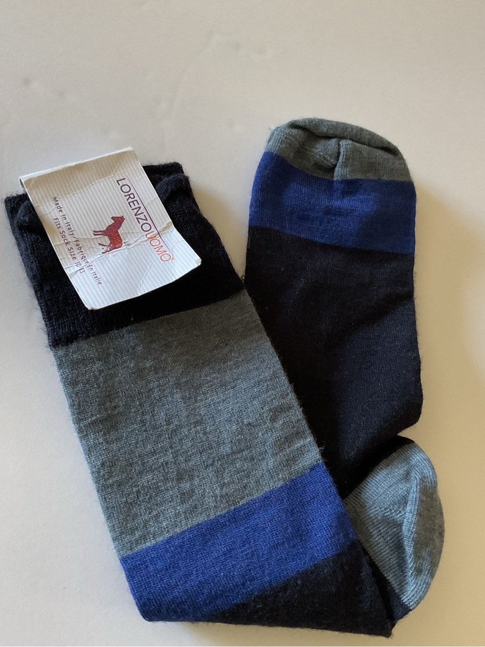 LORENZO UOMO MENS WOOL BLEND SOCKS COLOR BLOCK BLUE AND GRAY OS NWT